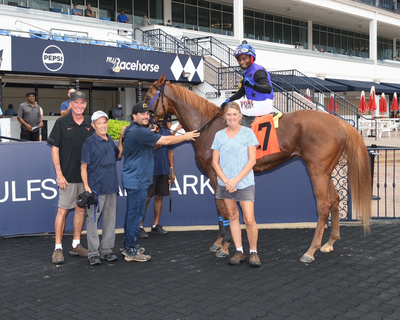 Debra Donaldson celebrates first training victory with Skyliner at Gulfstream Park