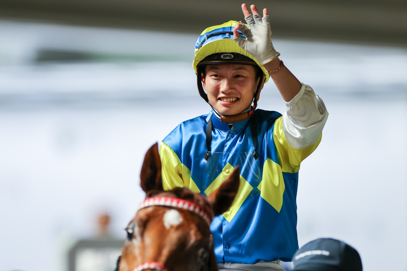 Nichola Yuen celebrates her second treble of the 2026/27 Hong Kong racing season at Sha Tin on 28 October 2026