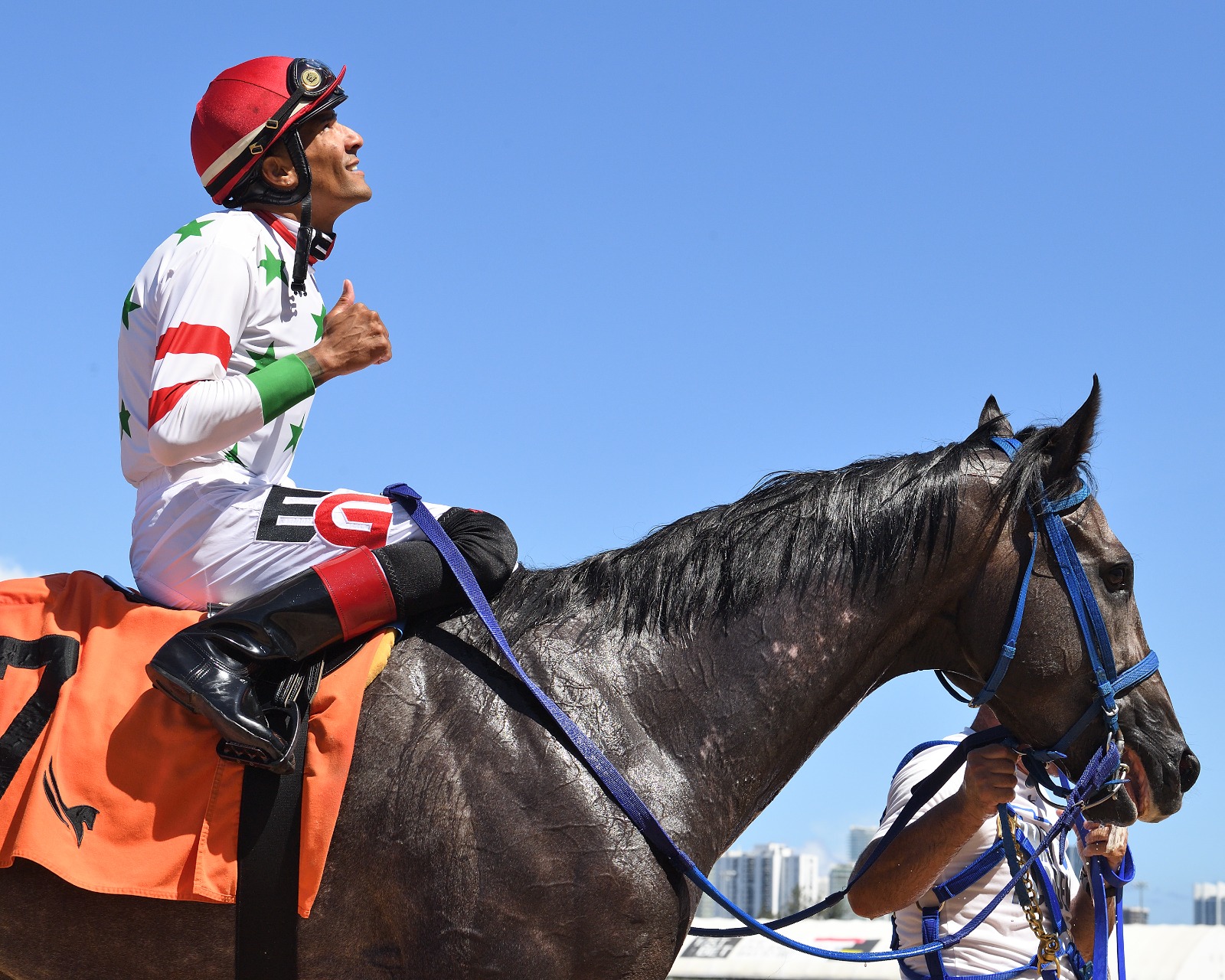 Edwin Gonzalez aboard Forged Steel after winning the Goodwood Stakes at Santa Anita