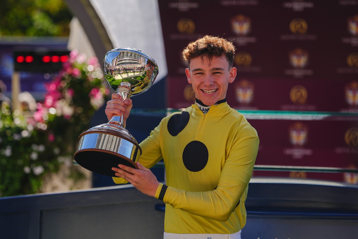 Billy Loughnane Champion Jockey celebrates his maiden championship title at Ascot