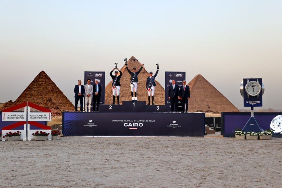 Pieter Devos aboard Casuall DV Z after winning the Longines Global Champions Tour Cairo Grand Prix beneath the Pyramids of Giza.